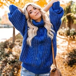 VICI CABLE KNIT TURTLENECK SWEATER - ROYAL BLUE
